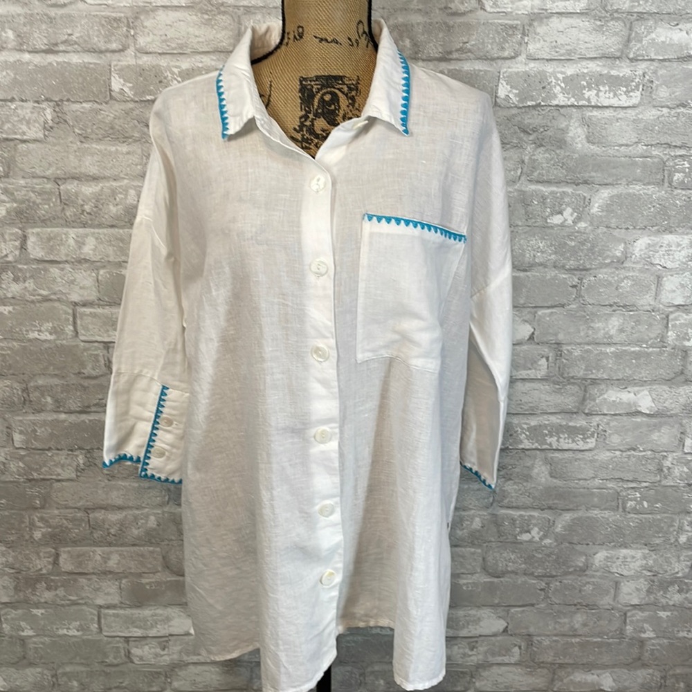 Soft Surroundings Linen Button Down Shirt with Embroidered Trim